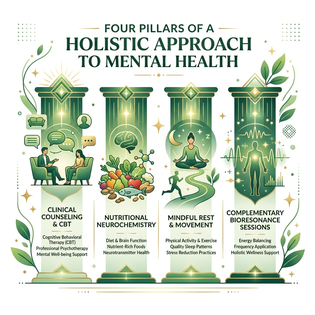 Holistic mental health approach infographic outlining bioresonance wave sessions, clinical therapy, nutrition, and rest in Sandton Gauteng