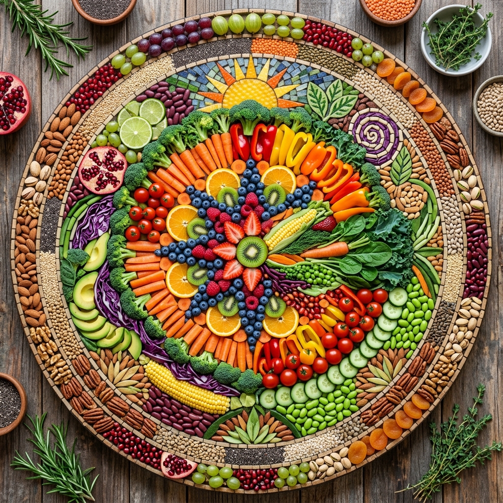 A vibrant mosaic of healthy fruits, vegetables, and grains
