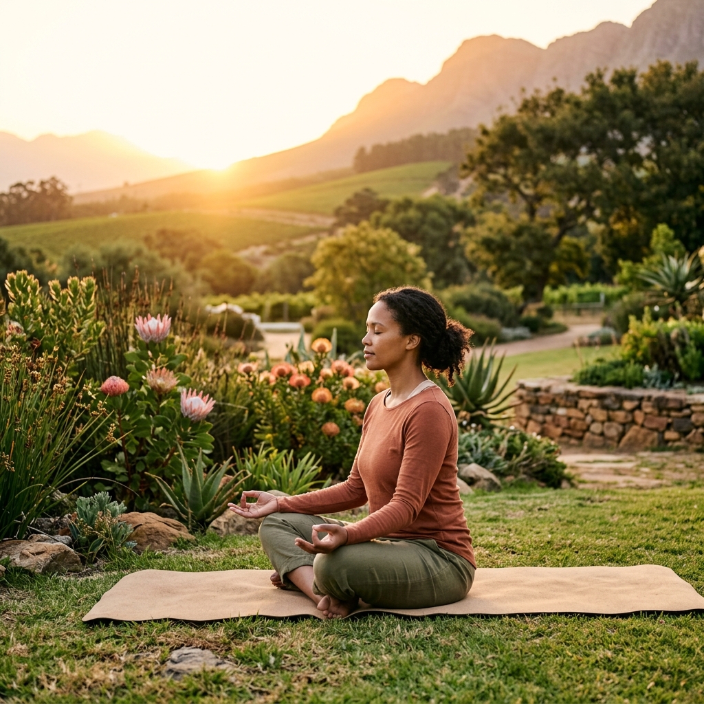 A person practicing mindful breathing or meditation outdoors in a serene South African park or garden, warm golden hour sunlight.